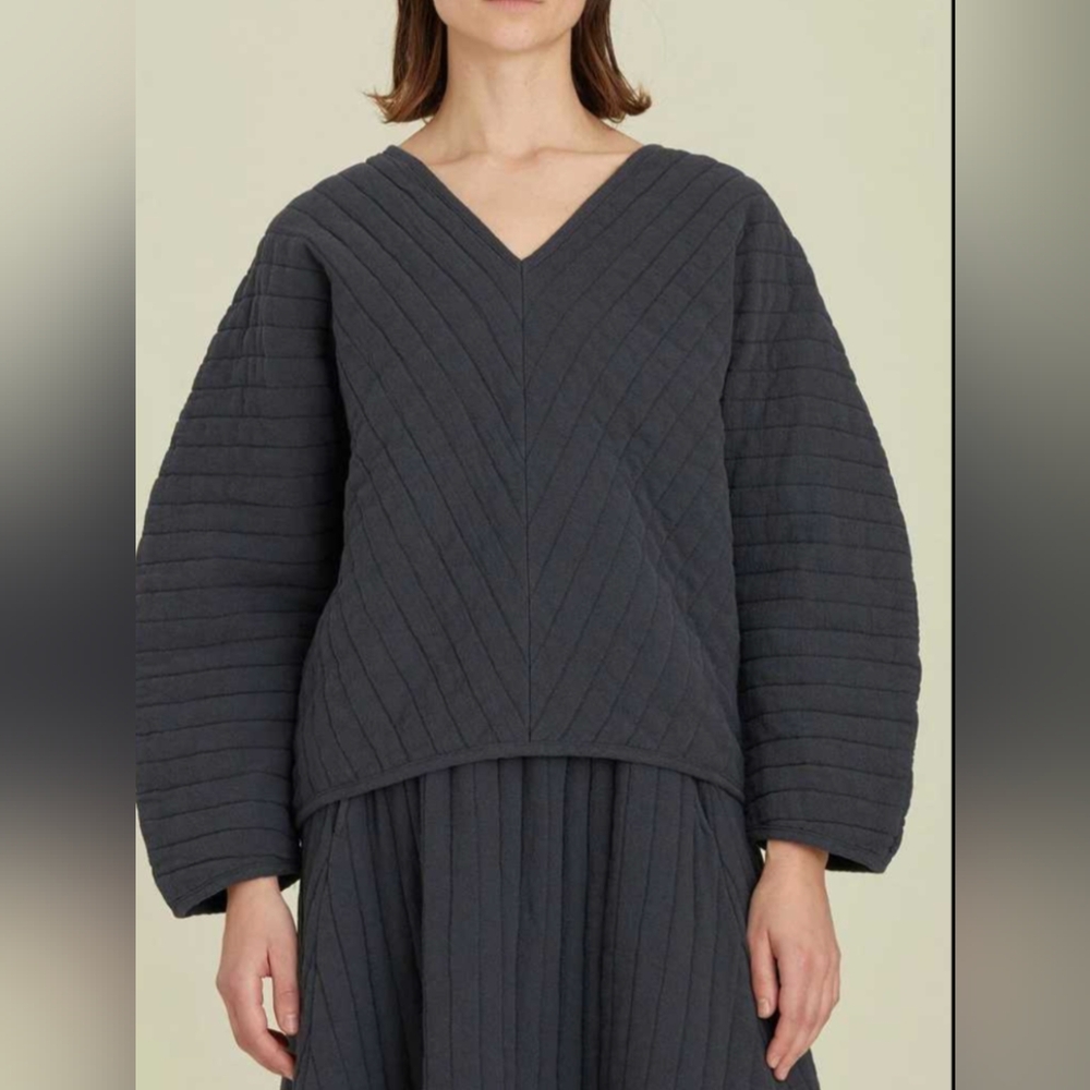 Black Crane Quilted V-Neck Sweater